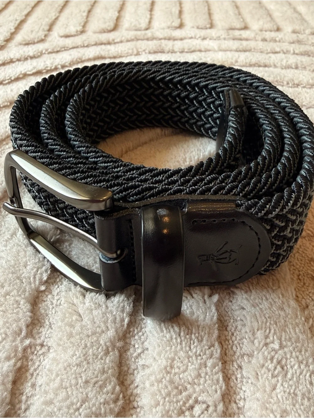 Original Penguin Black Braided Elastic Belt with Leather Trim